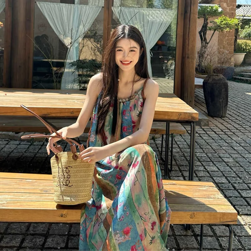 Holiday Sle Floral Tie-dye Sling Dress Women Summer 2024 New Plus size Retro Yunnan Travel Long Skirt