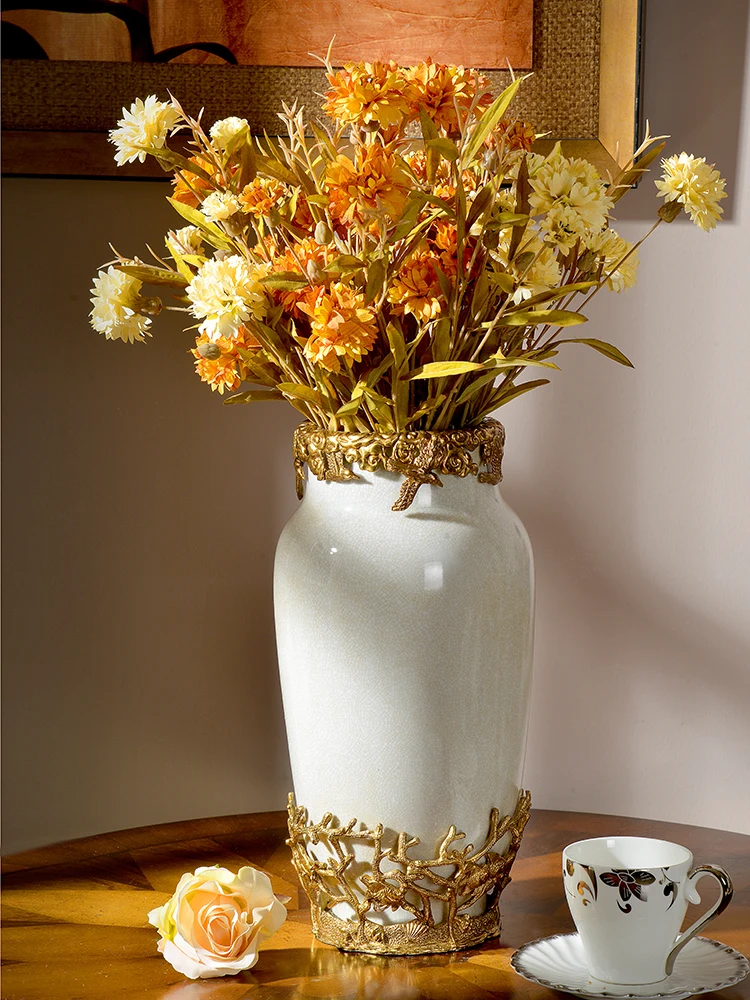 Yellow ceramic with copper living room, porch, creative vase decoration, luxury villa, club, flower, vase