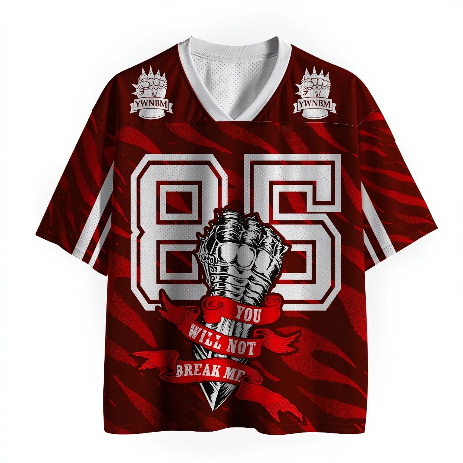You Will Not Break Me Fist Mesh Jersey T-Shirt, Red Tiger Stripe Number Print V Neck Short Sleeve Sports Tee