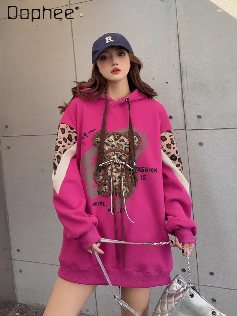 Autumn and Winter Mid Length Loose Casual Hooded Jacket Female Cartoon Jacquard Fleece Hooded Sweatshirts Women 2024 New