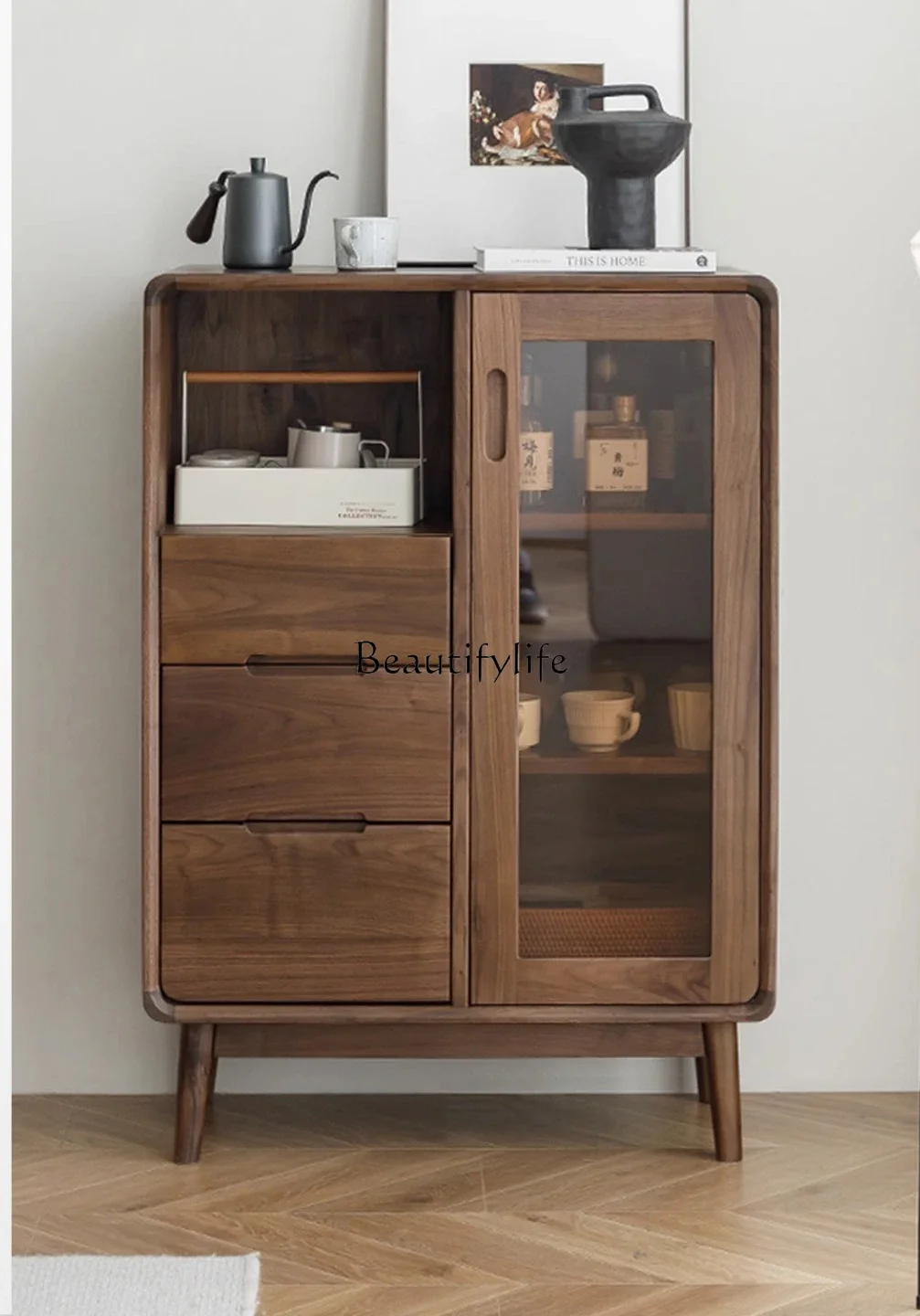 

44North American black walnut solid wood wine cabinet TV all solid wood log glass door