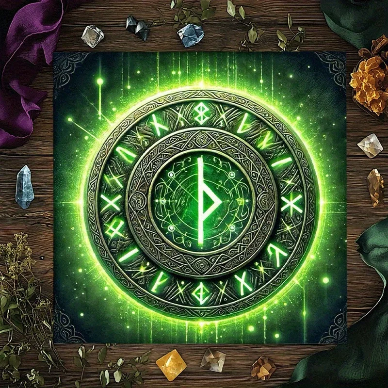 VIKAMA Tarot Tablecloth Green Glowing Runes Waterproof and Stain-Resistant Divination Meditation Altar Cloth Ritual Decoration