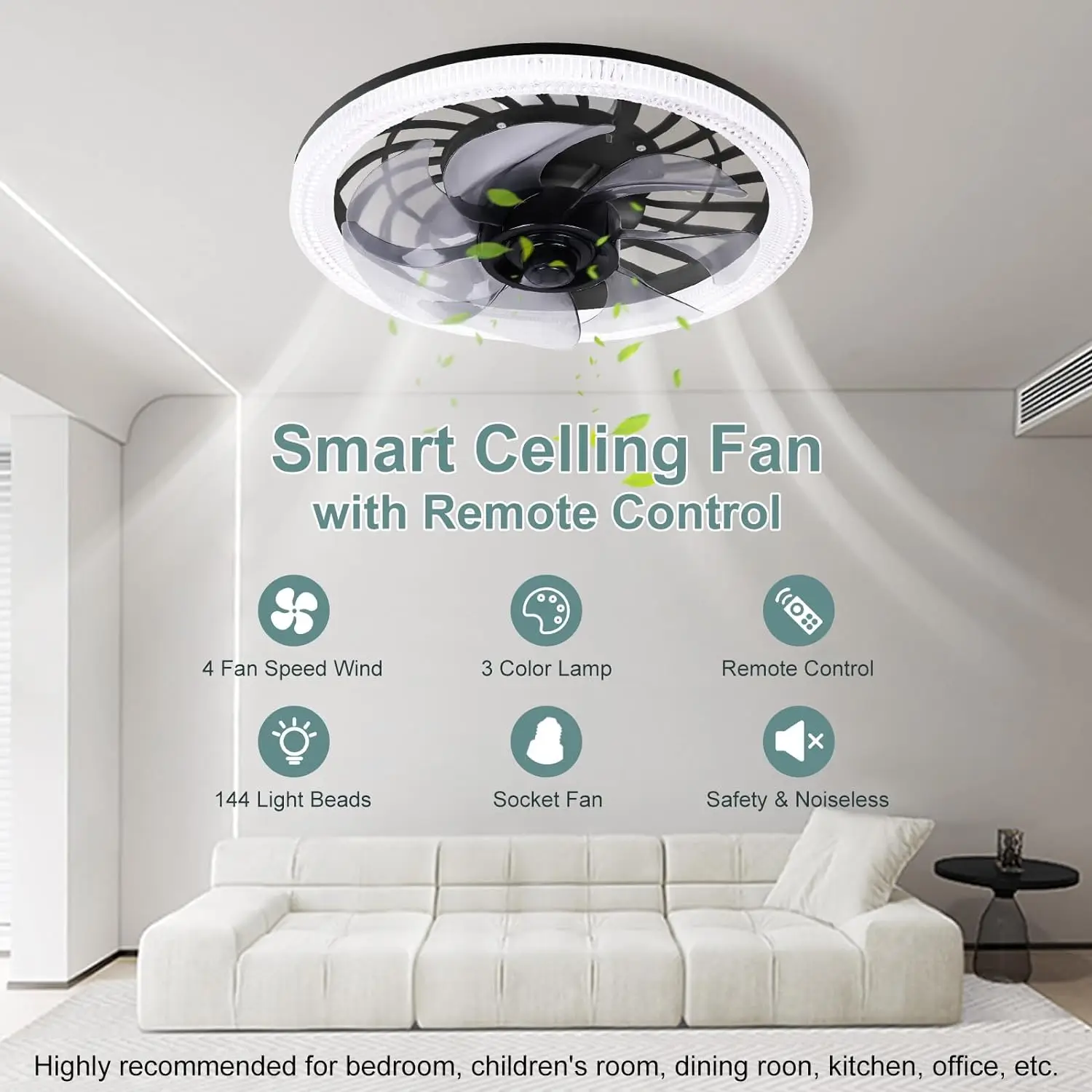 

Ceiling Fan Light E27 with Remote Control for Dimming Living Room Study Household Modern Ceiling Fan with Light Hanging Pendant