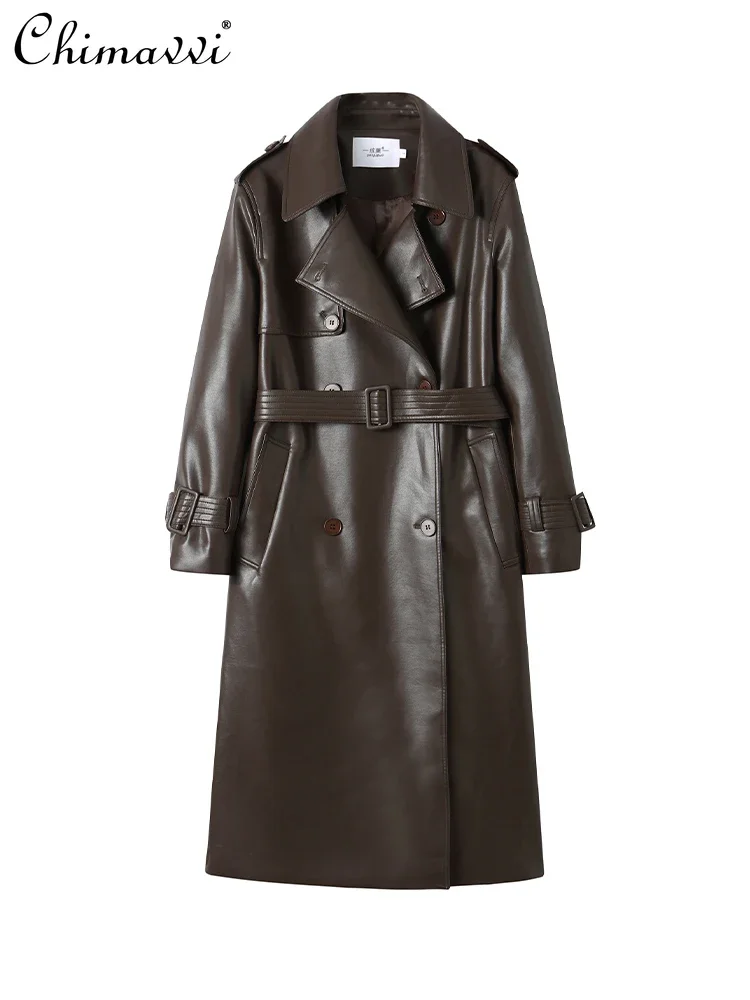 Bruine High-End Leren Jas Dames 2024 Herfst Nieuwe Mode Met Lange Mouwen Vetertemperatuur Cool Meisje Pu Leren Trenchcoat