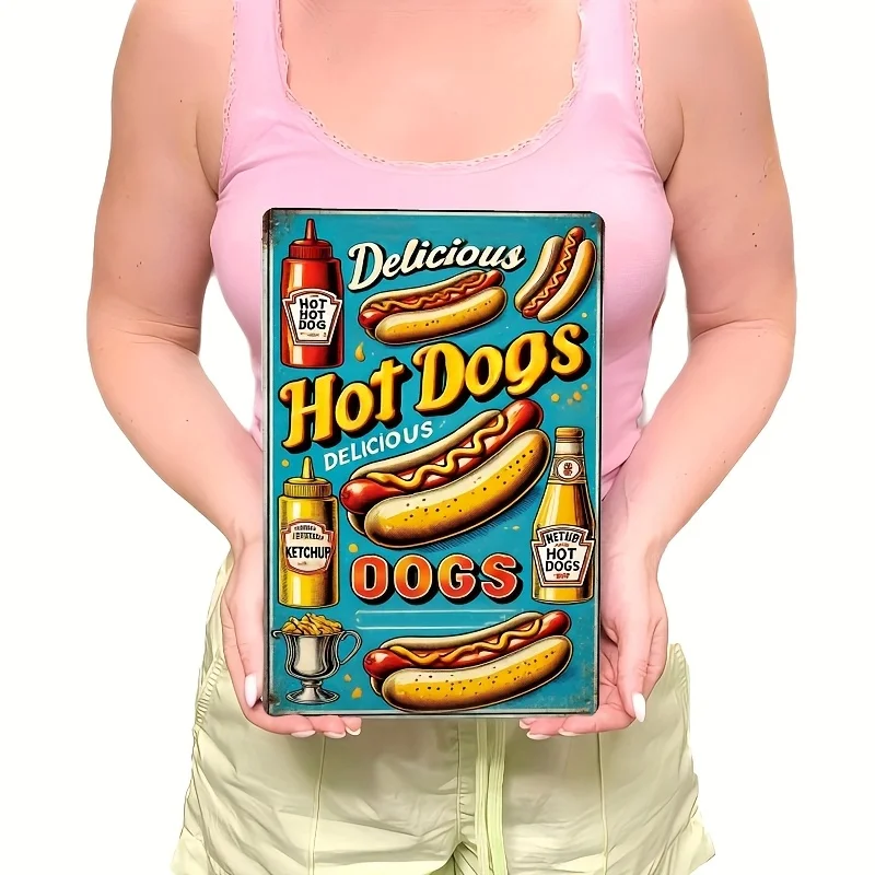 Sinal de metal vintage para cães-quentes, 8x12 espaços, decoração retrô engraçada de cozinha e bar com mostarda e ketchup, arte de parede de alumínio fácil de pendurar
