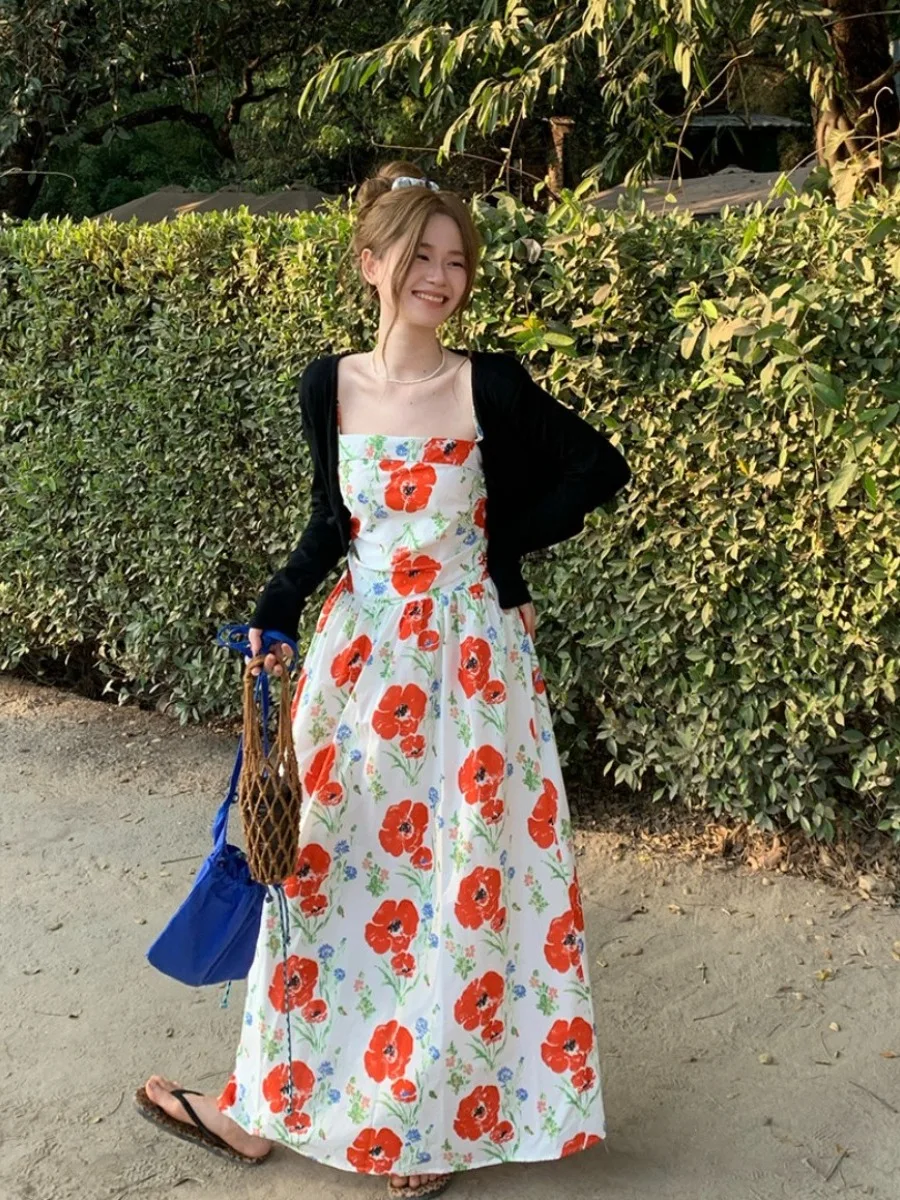 

plus Size Floral Print A-Line Midi Dress Women's Summer New Style Vacation Waist Cinched Strapless Dress Korean Style High Waist