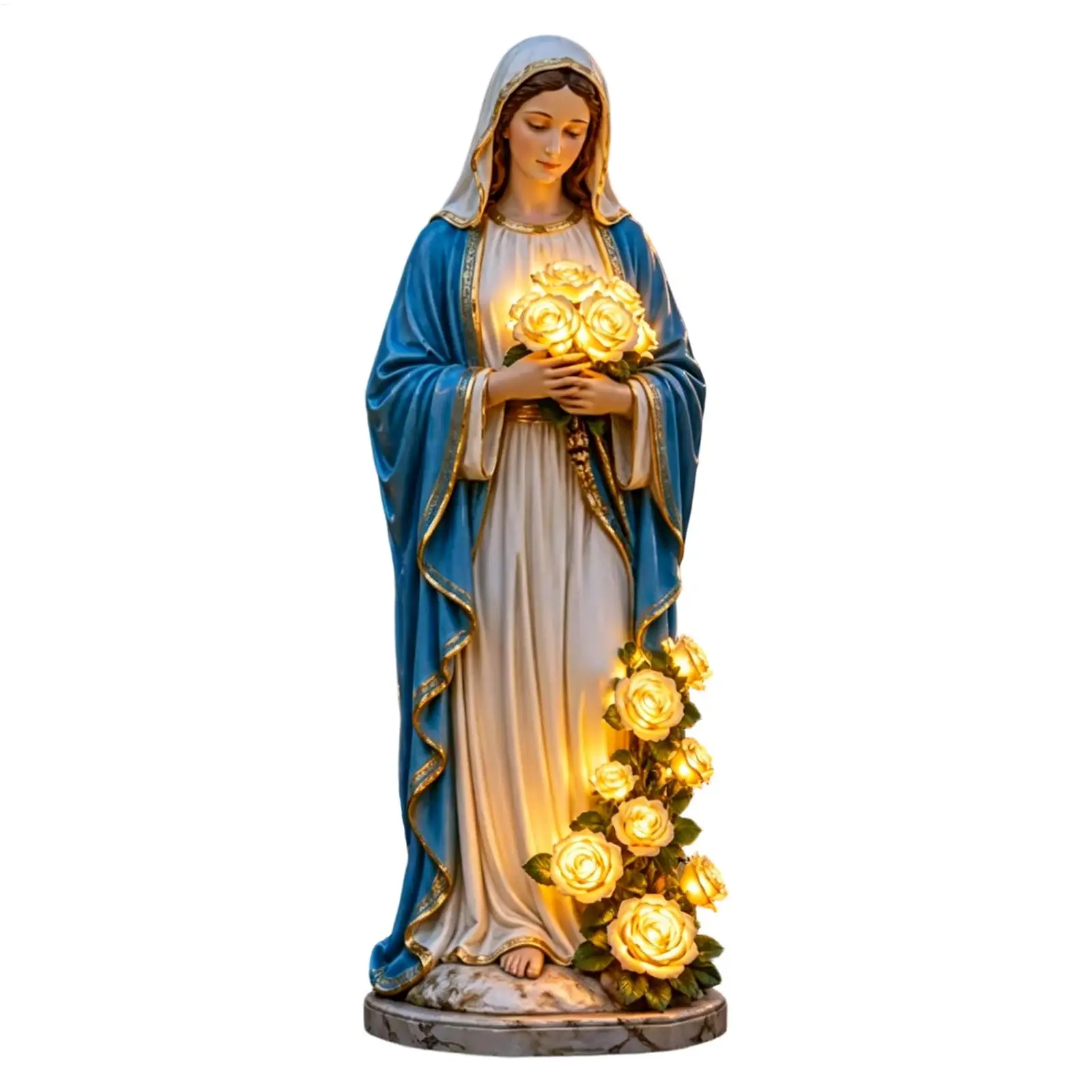 Virgin Mary Garden Statue with Lighting Roses Resin Religious Figurine Hand Made Christian Garden Decor for Mother Day Gifts