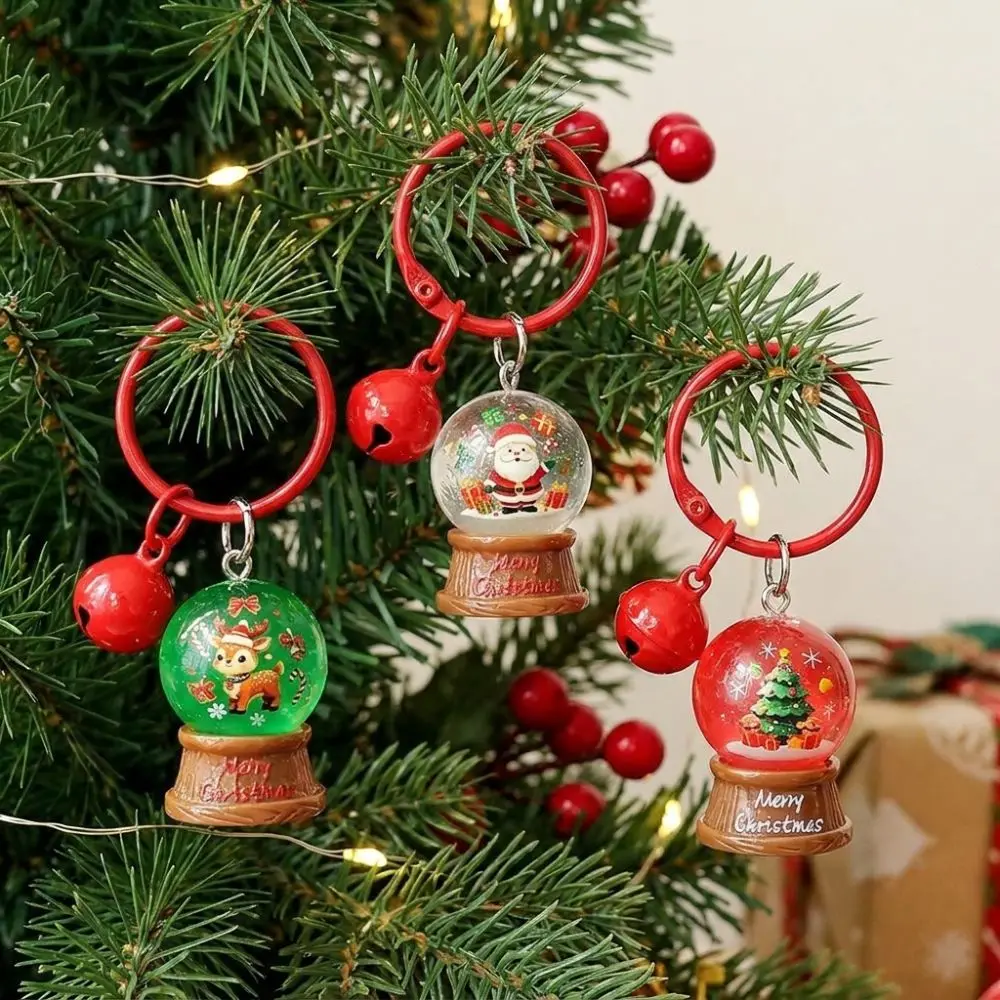 Resin Ball Christmas Crystal Ball Keychain with Red Bell Miniature Scene Santa Claus Keychain Cartoon Fade Resistant