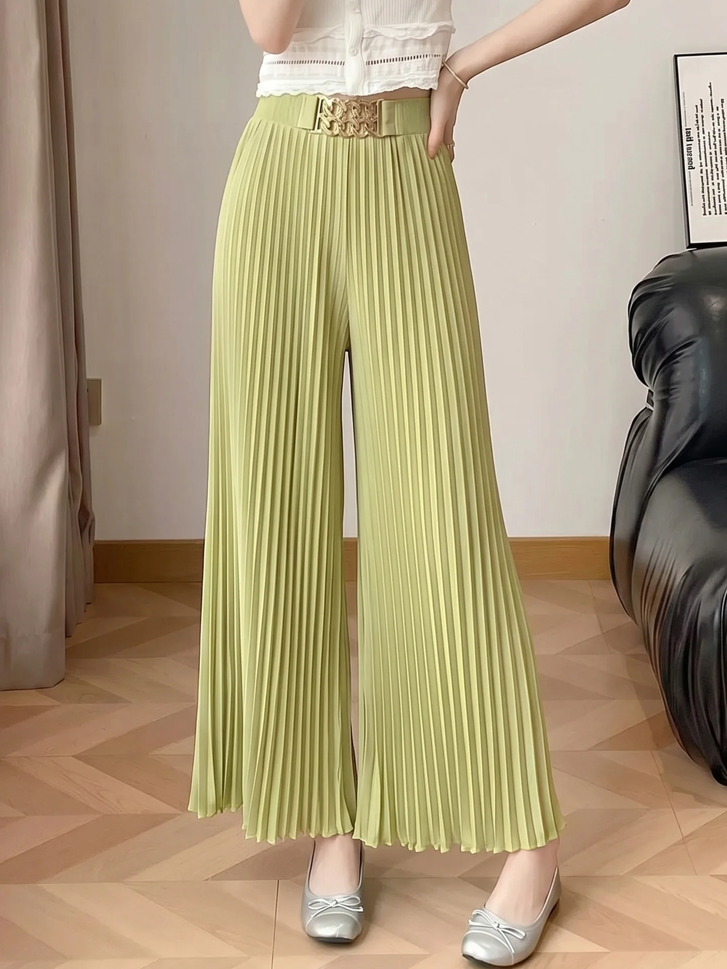 

Summer Thin High Waist Wide Leg Pants Women's Casual Loose Casual Pants Pleated Loose Fit Versatile Slimming Polyester Fiber