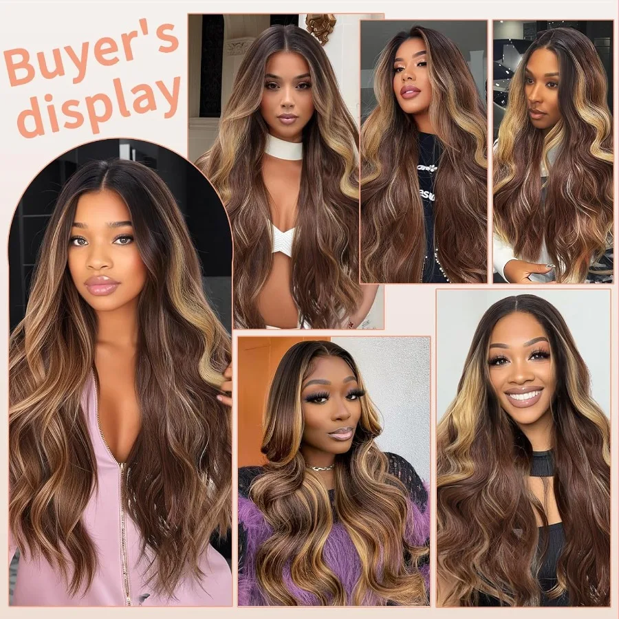 الاصطناعية 13x4 HD الدانتيل الجبهة الباروكات للنساء السود تسليط الضوء على مزيج براون شقراء الطبيعية متموجة 26 بوصة غلويليس شعر مستعار جاهز للارتداء Pr #6