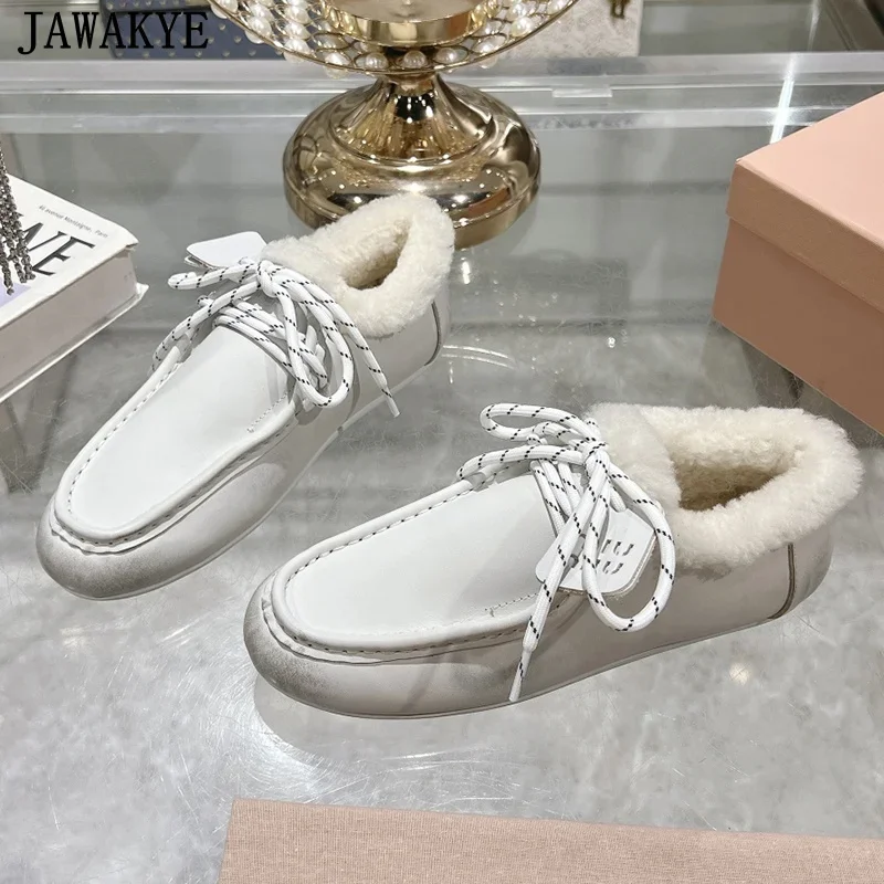 2025 Winter Ladies Fur Loafers Women Round Toe Lace Up Wool Shoes Causal Comfort Driving Shoes Female Oxfords Flat Casual Shoes