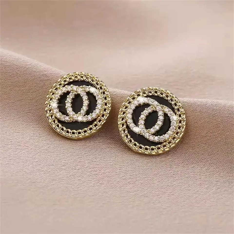 RAKOL Black Enamel Crystal Double Round Circles Stud Earring For Women Korean Style Sweet Simple Jewelry Brincos Wholesale Gift