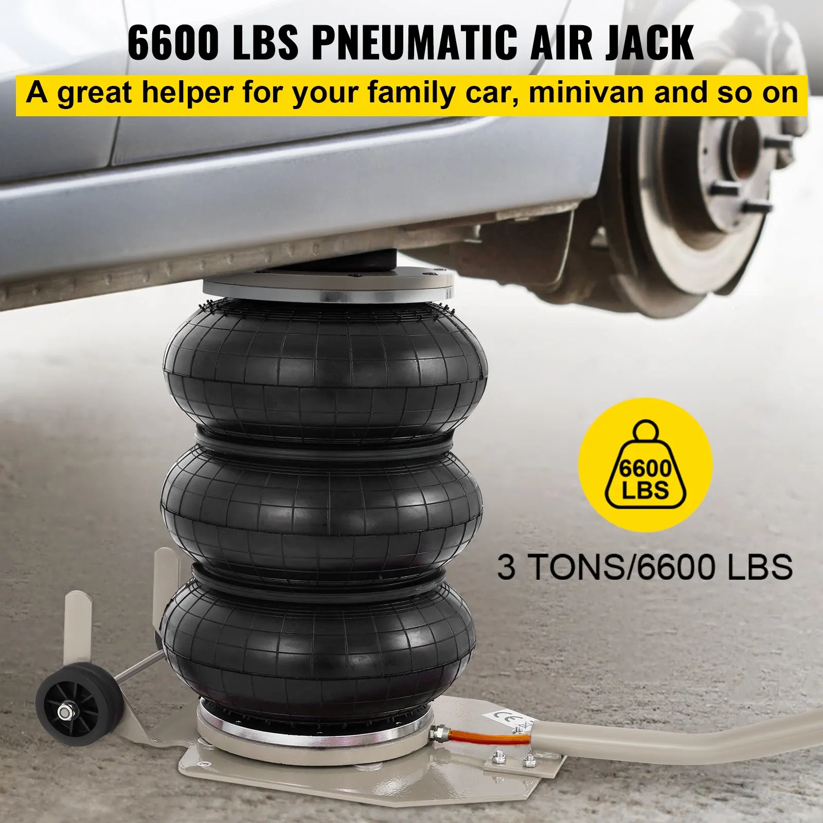 Pneumatic Jack, 3 Ton/6600 LBS Air Bag Jack, Triple Bag Air Jack for Vehicle, Extremely Fast Lifting Action Max Height 400 mm