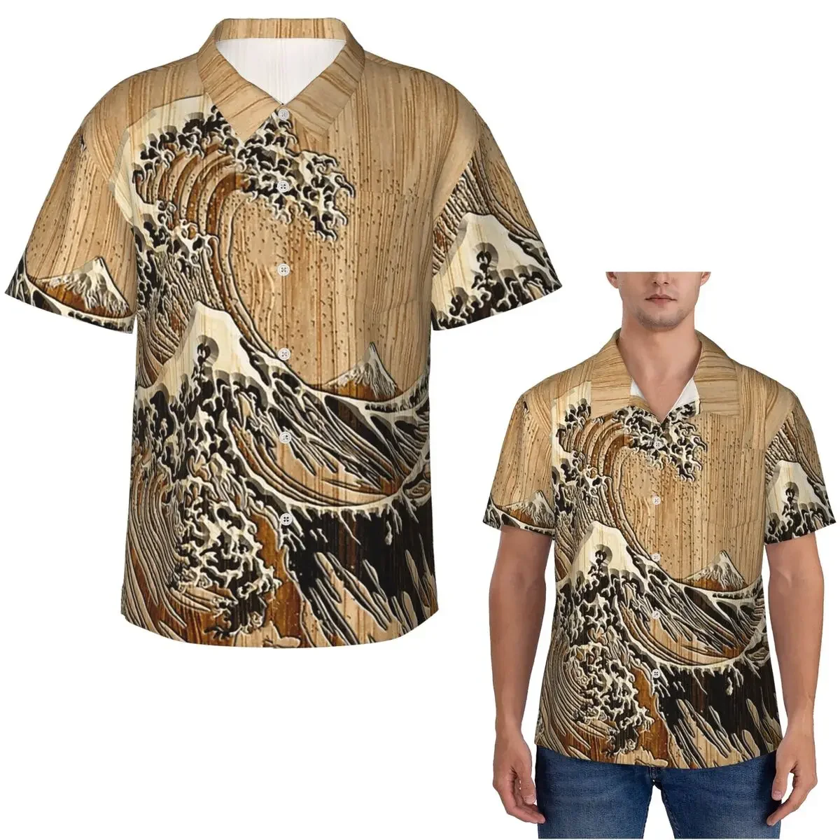The Great Hokusai Wave In Bamboo Inlay Style Hawaiian Shirts Funny Men Short Sleeve Shirt for Summer Beach Men's Lapel Tops