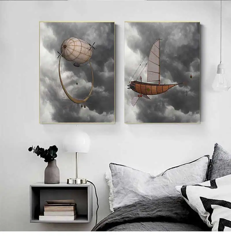 Vintage Hot Air Balloon Retro Steampunk Airship Canvas Painitng Wall Art Picture Poster for Living Room Kidsroom Home Decor
