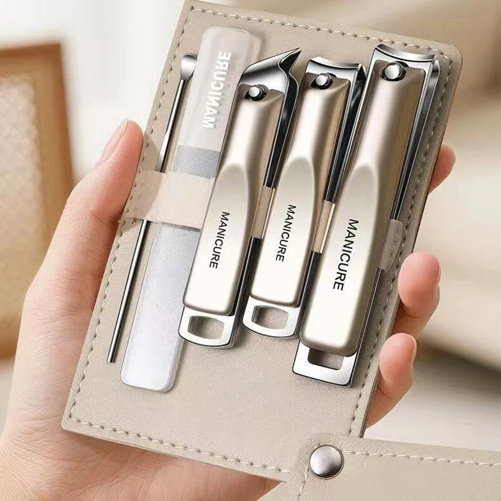 Novo Conjunto de Cortadores de Unhas 5 Peças com Estojo de Couro Rotativo, Ferramentas Profissionais para Manicure e Pedicure, Kit de Cuidados Domésticos, Presente