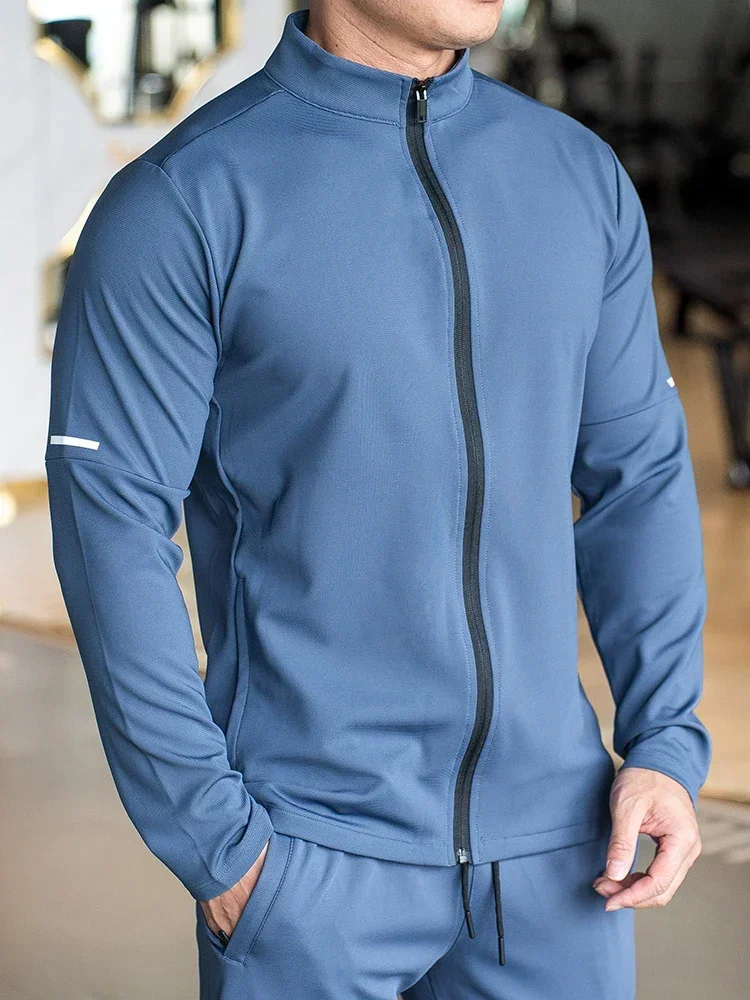 Sport Fitness Casual da uomo top manica lunga colletto alla coreana giacca tinta unita felpa da allenamento da Jogging con Zip Running