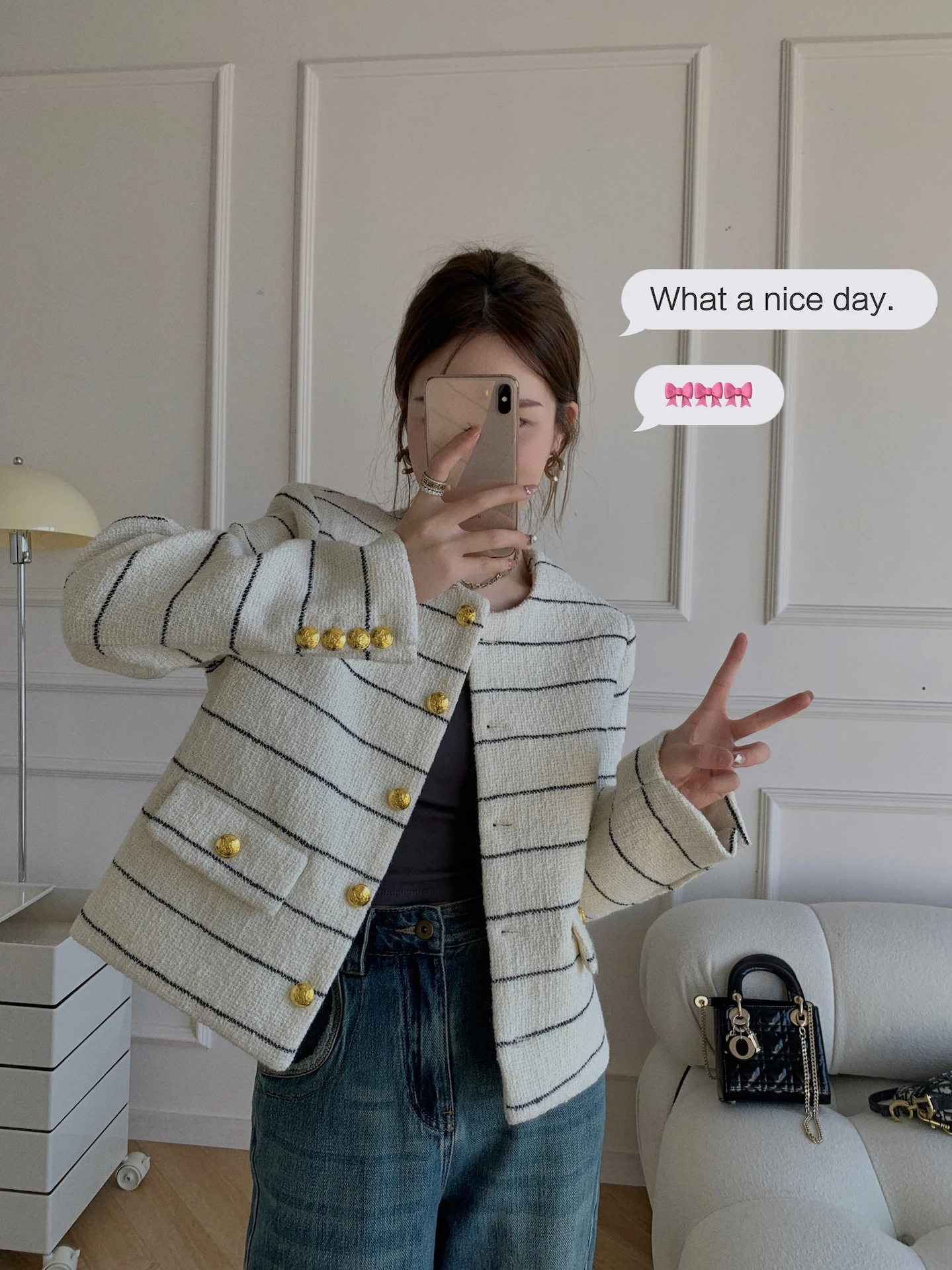 

Linzi Romantic Bubble Early Spring ort Woolen Women's Jaet round Ne Stripe Pattern Faionable Top Quali Ladies Coat