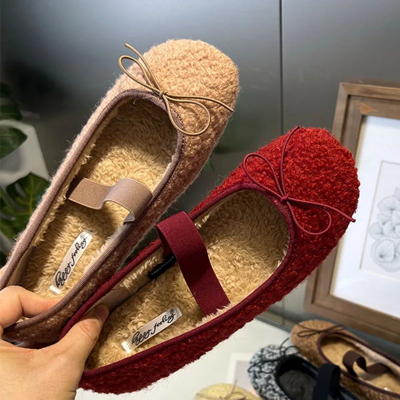 Fashion Fur Footwear Shallow Women Ballet Flats Dance Shoes Female Round Toe Butterfly-Knot Ladies Flats With Plush Shoes Slides