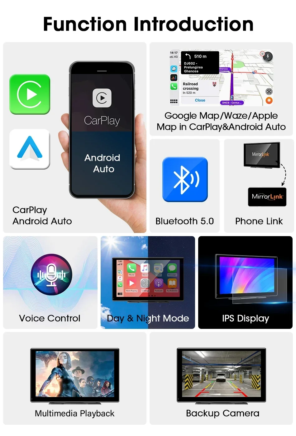 Srnubi Universal 7"9"10" Zoll Auto Wireless Carplay & Android Auto Navigation Rückspiegel FM AUX Multimedia Touchscreen Monitor – Detail 3