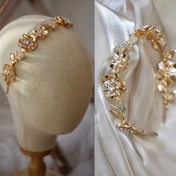 Delicate Gold Color Floral Women Crown Wedding Hair Tiara Crystal Bridal Headpiece Handmade Vintage Hairband