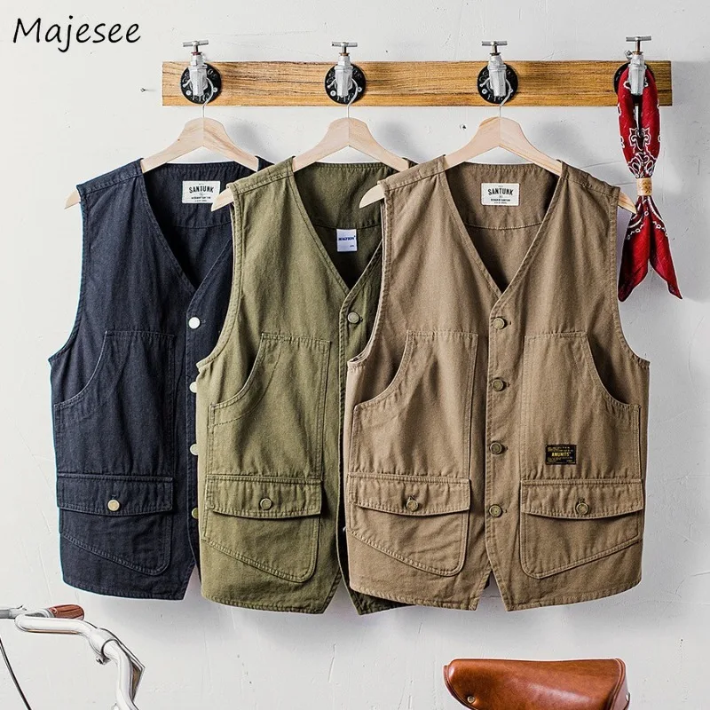 

Cargo Vests Men All-match Vintage Multi-pockets Sleeveless Coat Harajuku Handsome Summer Breathable Personality Japanese Style