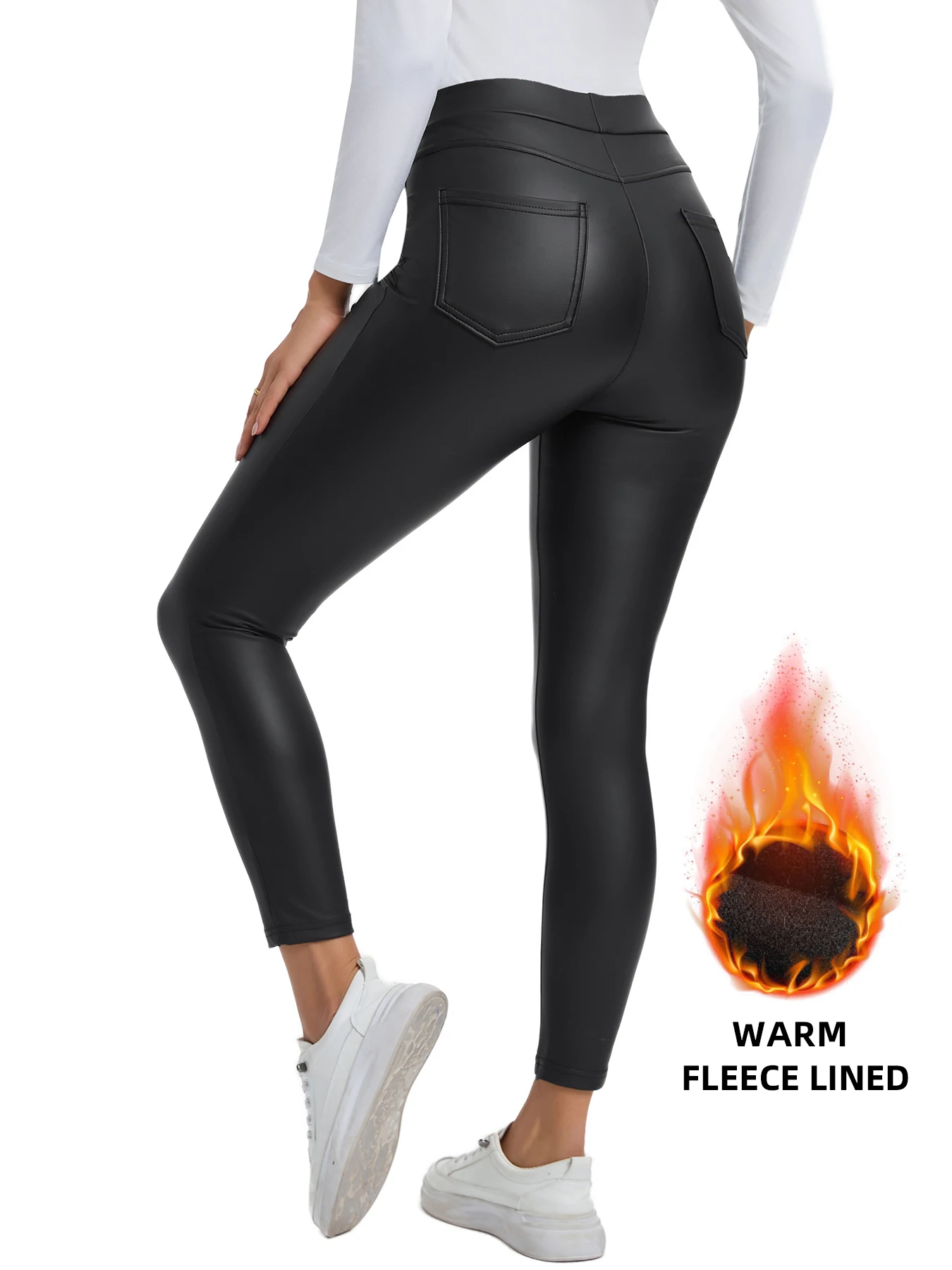 กางเกงเลกกิ้งหนังเอวสูงบุขนแกะสีดำสำหรับผู้หญิง ฤดูใบไม้ร่วง ฤดูหนาว  ยืดหยุ่นสูง กระชับรูปร่าง ใส่เป็นชั้นในได้