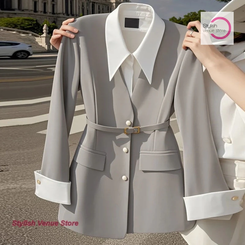 Camicie con cuciture in stile coreano finte due donne primaverili e autunnali moda piccoli abiti occidentali lungo cappotto dal temperamento britannico.