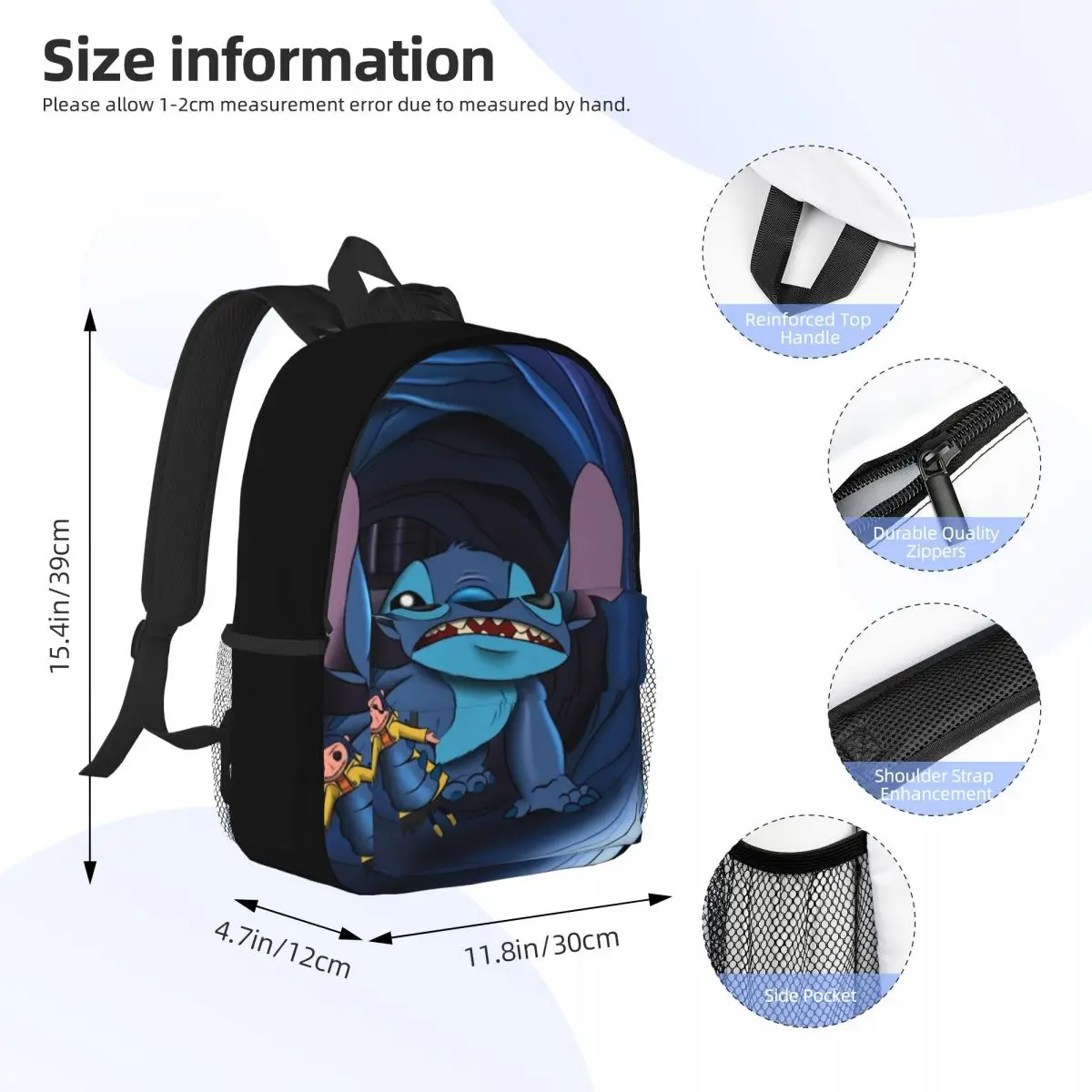 Mochila escolar casual leve impressa Disney Stitch para escola, ao ar livre, compras, escritório 15 polegadas