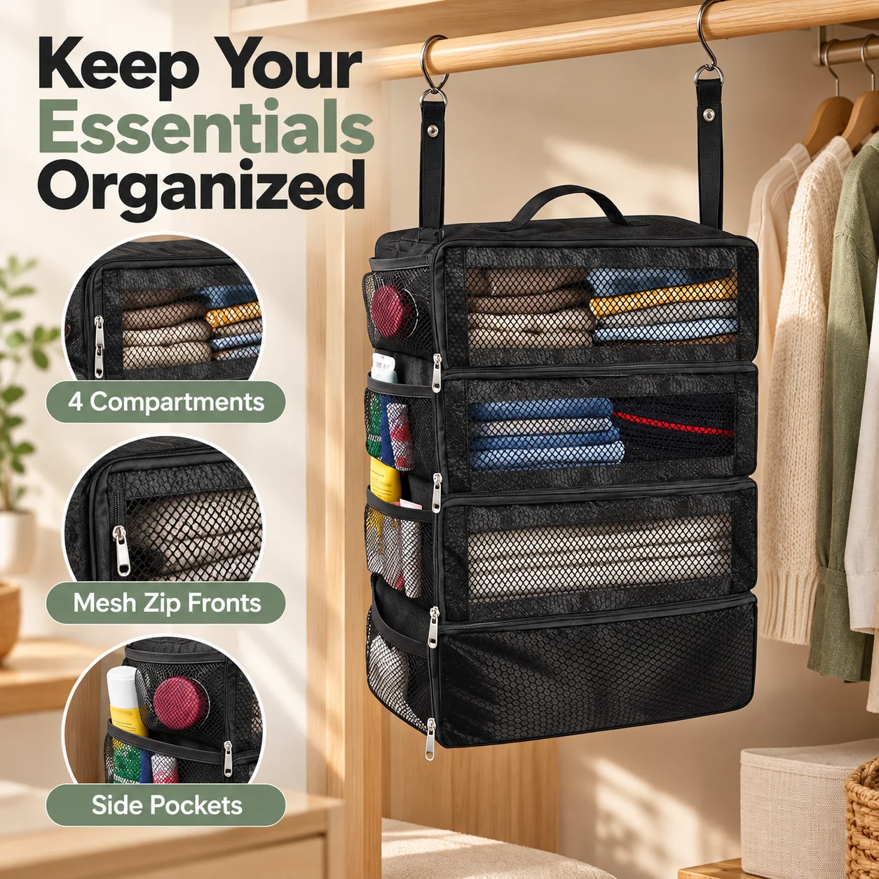 4-Tier Hanging Closet Organizer with Zippered Mesh Compartments & Side Pockets, Black Clothes Storage Bag for Home Dorm Travel