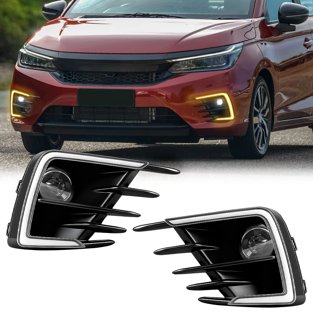 

Светодиодная противотуманная фара в сборе для Honda City RS 2020 2021 2022, дневные ходовые огни, желтый указатель поворота, водонепроницаемая лампа дневного света