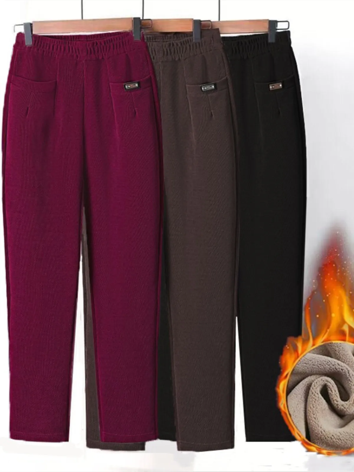 Women's Autumn Winter Thickened Fleece Lined Casual Pants Harlan Style Outerwear Trousers High Waist Polyester Fiber Warmth