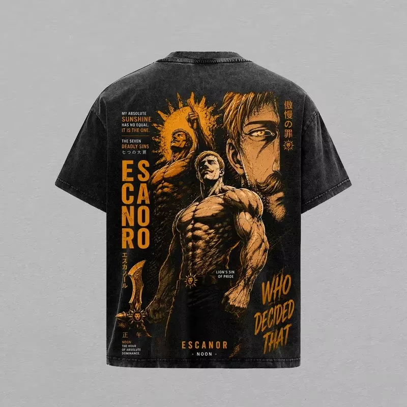 Manga Vintage Washed T Shirt Escanor The Seven Deadly Sins T-shirt Harajuku Casual Cotton Tees High Street Cothes Unisex