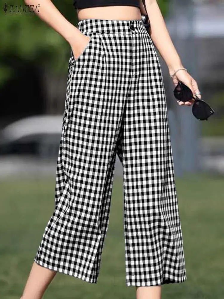 ZANZEA سراويل صيفية أنيقة عالية الخصر منقوشة سراويل نسائية طويلة 2025 جيوب خريف مكتب سيدة بنطلونات ملابس الشارع كبيرة الحجم