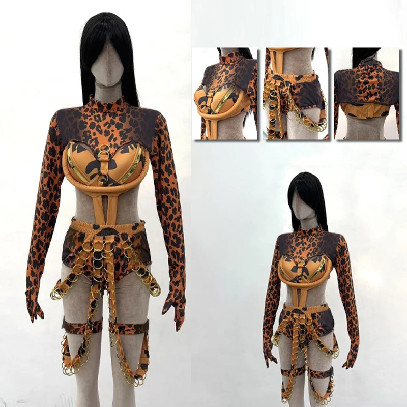 Strój Showgirl na Imprezę Kostiumową, Seksowny Cosplay, Strój Tancerki Gogo, Damski Strój Leopard na Rave, Strój do Baru, Klubu Nocnego, DJ, Jazz, Ubrania Sceniczne P