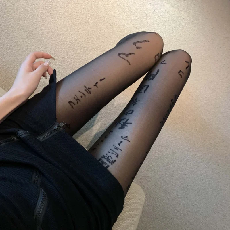 Dünne, Transparente Strumpfhose mit Tattoo-Muster für Damen, Sexy Japanische Kanji-Buchstaben-Druck Strumpfhose, Mädchen Persönliche Durchsichtige Strümpfe – Detail 13