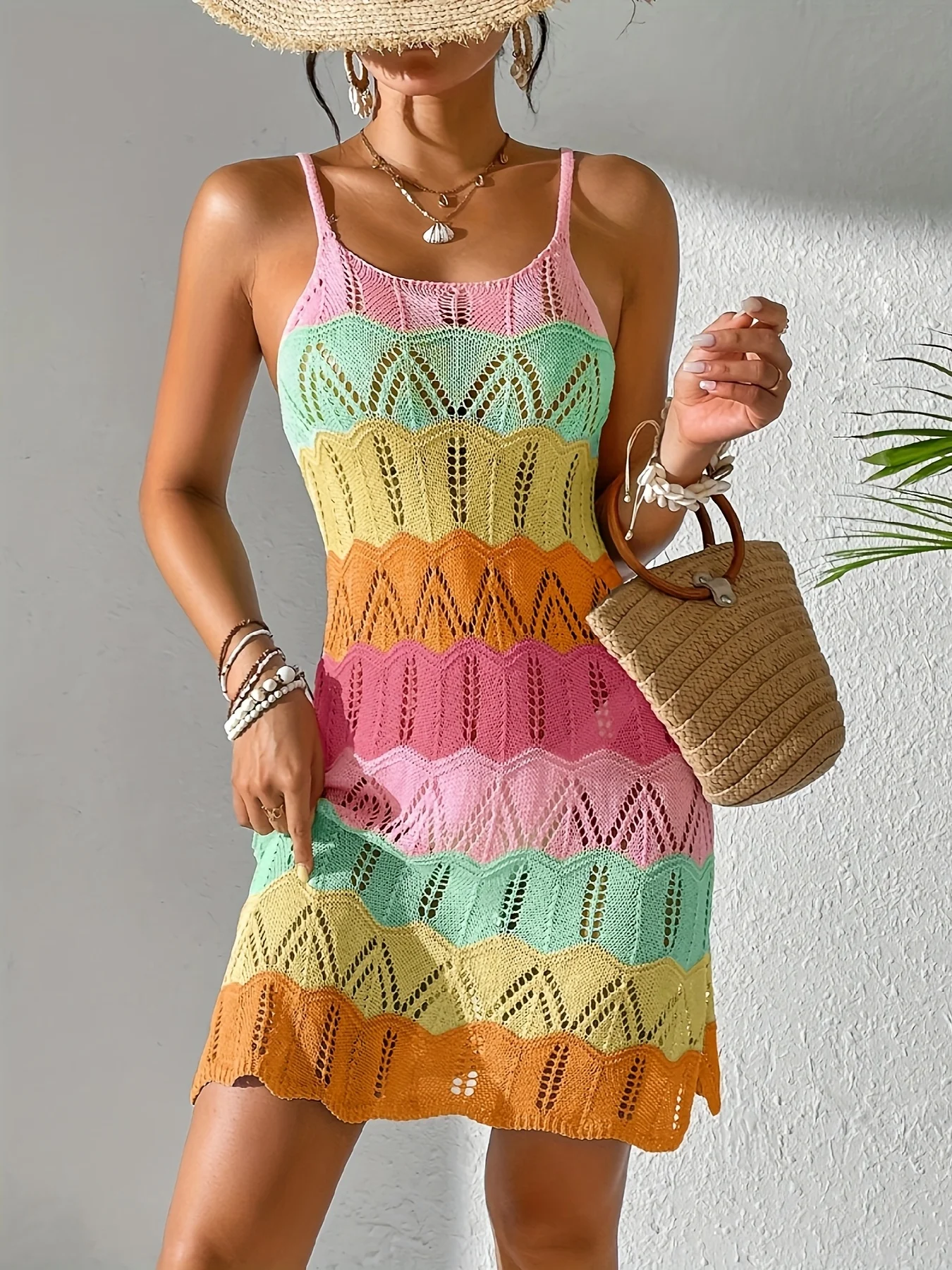 

Женское летнее пляжное платье-накидка без рукавов для музыкальных фестивалей, полосатое, с цветными блоками, ажурное, вязаное крючком, одежда для девочек для отдыха на море