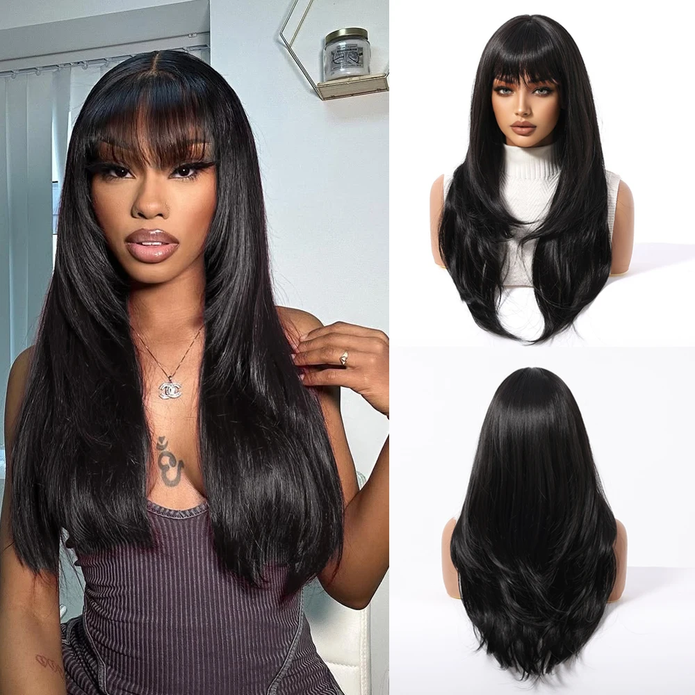 

Straight Layered Cut Wigs with Bangs Straight Natural Black Wigs For Women Synthetic Glueless Layer Heat Resistant Wig Cosplay