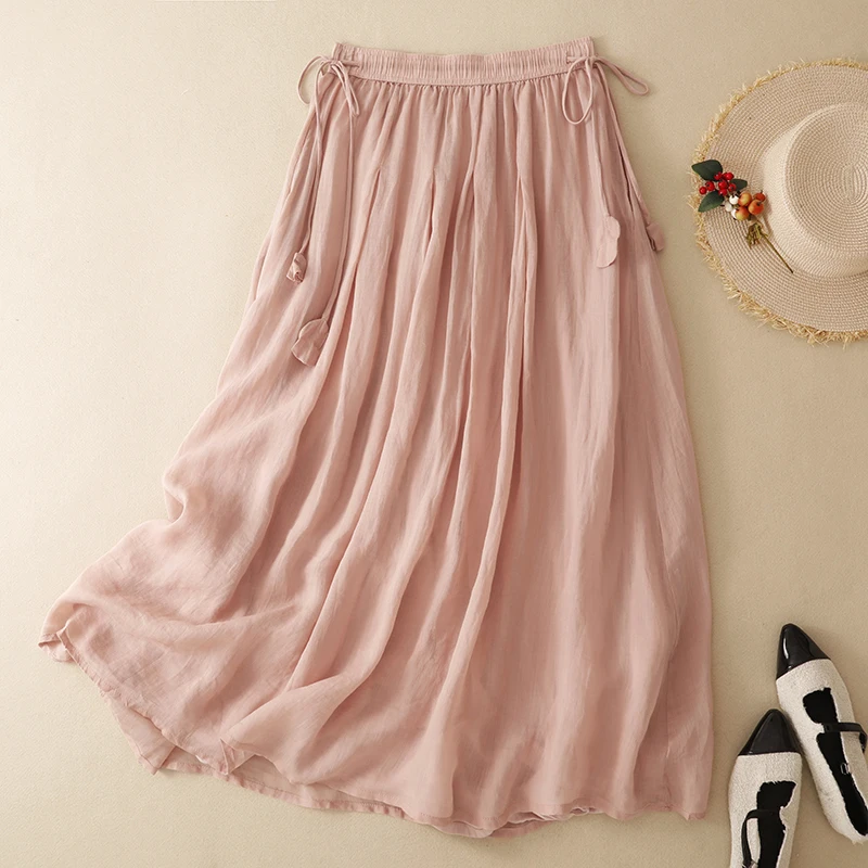 Midi A-Line Skirt Women's Artistic  Color Double Layer Drawstring Waist Swing Skirt Good Quality Cotton Blend Fabric