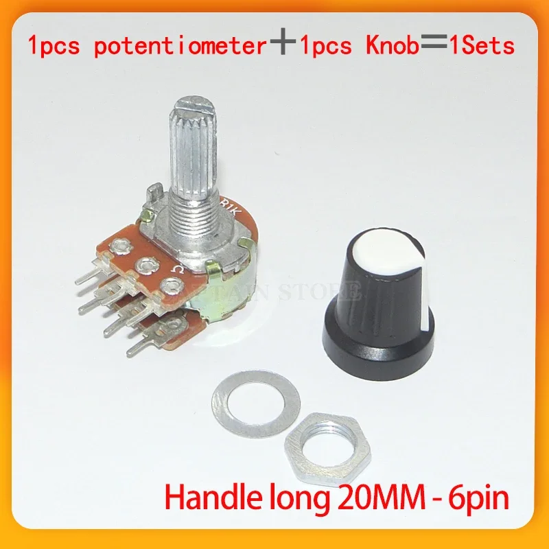 2 Sets WH148 1K 10K 20K 50K 100K 500K Ohm 20mm 6 Pin Linear Taper Rotary Potentiometer Resistor for Arduino with AG2 White cap