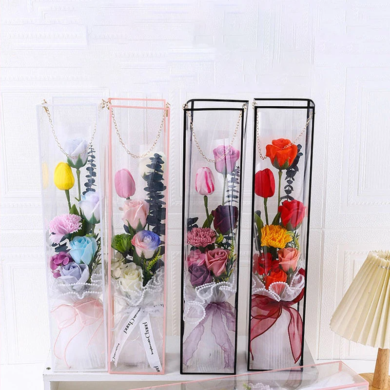 5Pcs Transparent PVC Flower Bouquet Tote Bag Portable Valentine's Day Metal Chain Flower Box Festivals Party Rose Packing Bag