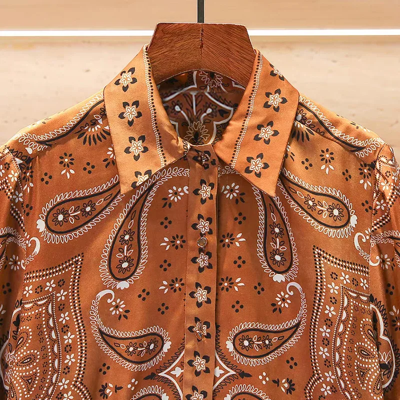 

Женская блузка с рюшами и принтом пейсли, с зауженной талией, отложным воротником, на одной пуговице, с коротким рукавом, Весна-Лето 2026