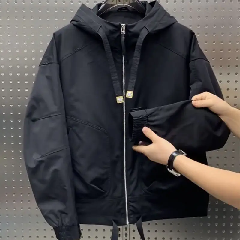 Men's American Casual Hooded Jacket, Harajuku Style, Drop-Shoulder Sleeve Coat, Thin Section Solid Color Outerwear