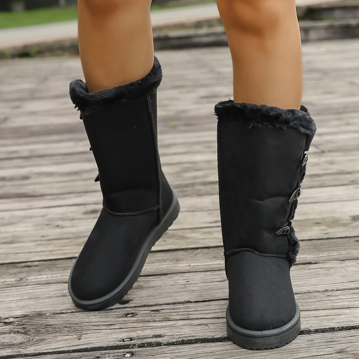 Damen Schneestiefel Winter Halbstiefel Warme Baumwollschuhe Mode Einfarbige Knopf-Stiefel für Damen Braune Lange Stiefel Übergröße 36-42 – Detail 4