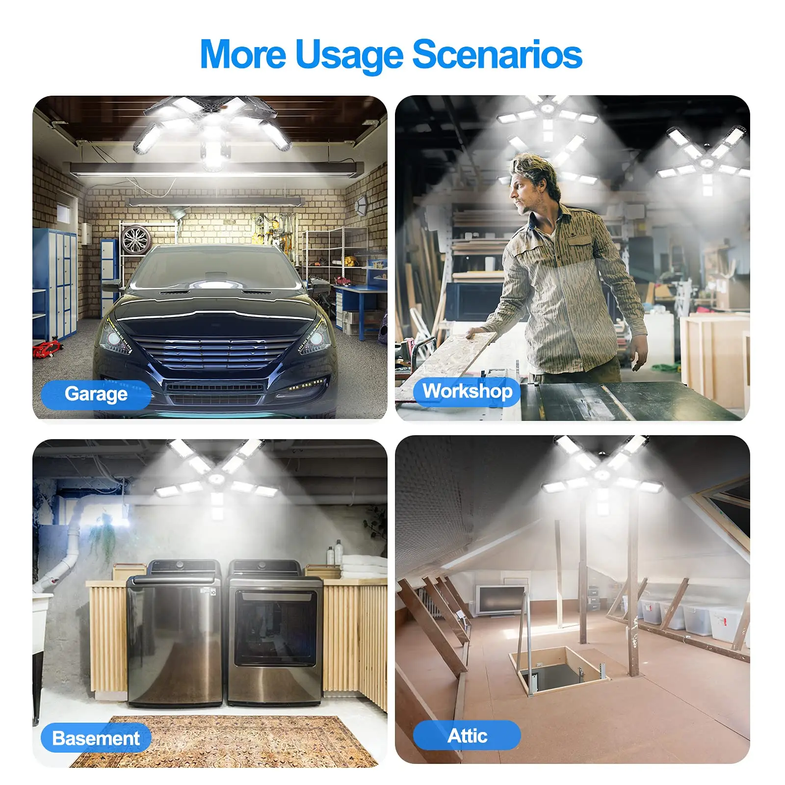 LED Garage Light with 3/5/10 Adjustable Panels Ceiling Light E27/E26 LED Bulb Night Lamp for Workshop Garage Industrial Lighting