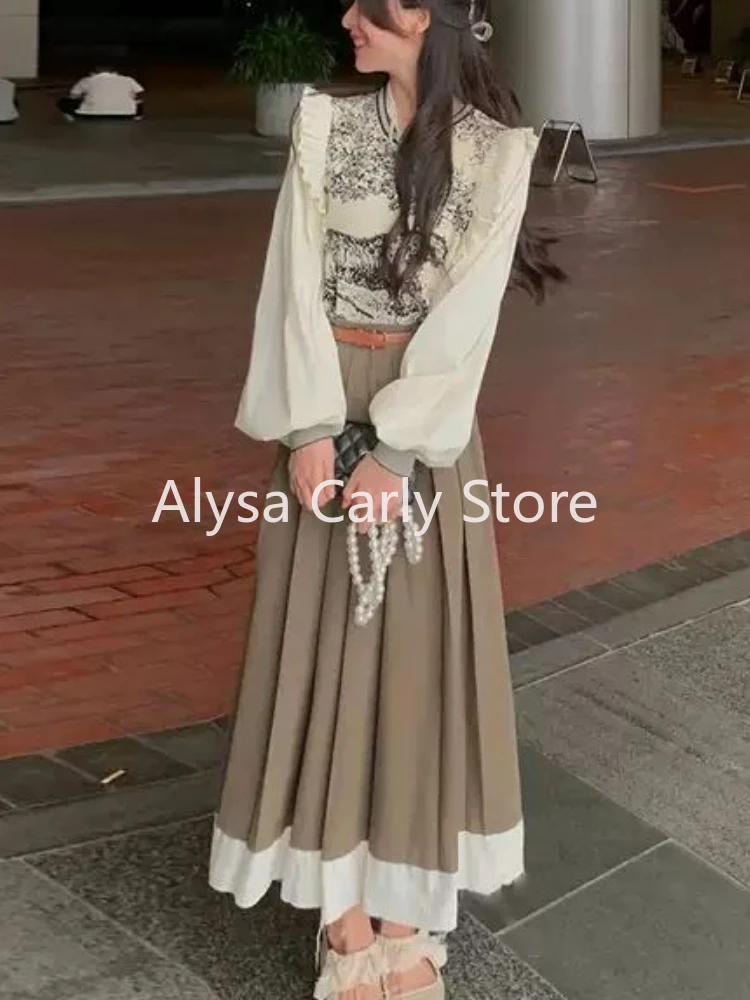 Elegant Printing Two Piece Set Women Fashion Flying Sleeve Blouse Belt Long Skirt Sets Vintage Chic Designer Formal Party Set