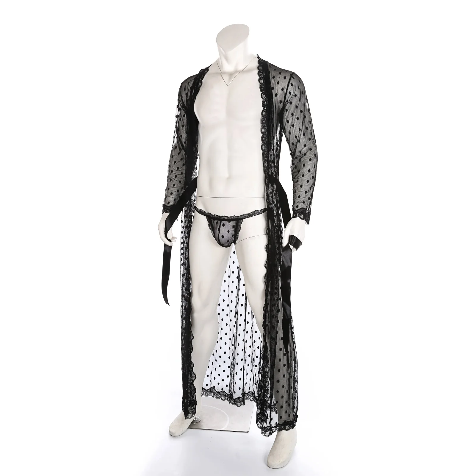 Robe Lace Sheer Sexy Lingerie Bathrobe Man Long Nightwear Erotic Sleepwear See Through Men Dressing Gown and Thong
