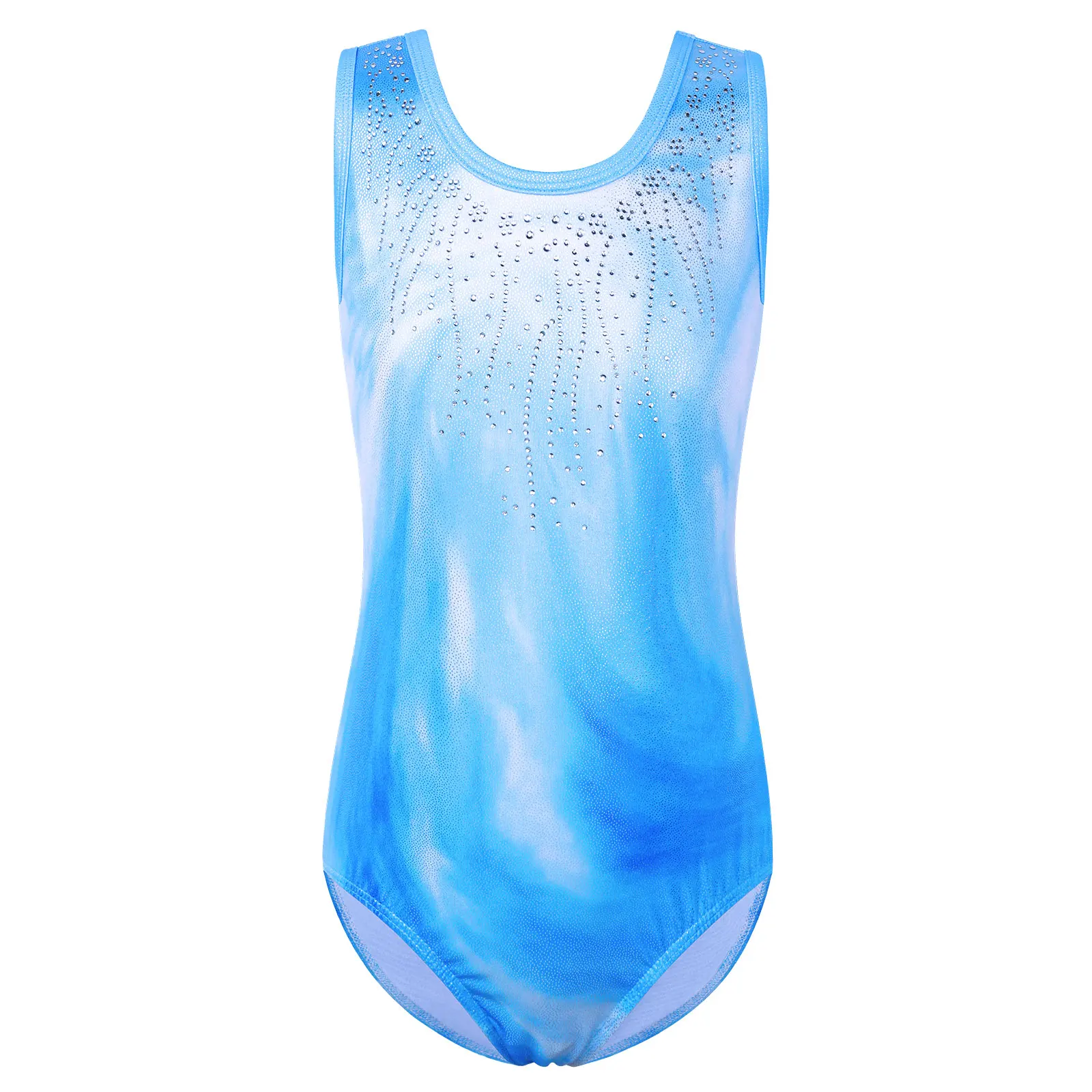 Girls Gradient Blue Ballet Leotard Rhinestone Jumpsuit Sleeveless Gymnastics Leotard Practice Outfit Bodysuit Dance Costume