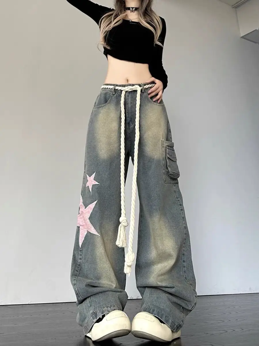 Vintage Star Print Cargo Jeans Women Harajuku High Waist Denim Trouser 2000s Y2k 90s Aesthetic Wide Leg Pants Trashy Pantalones