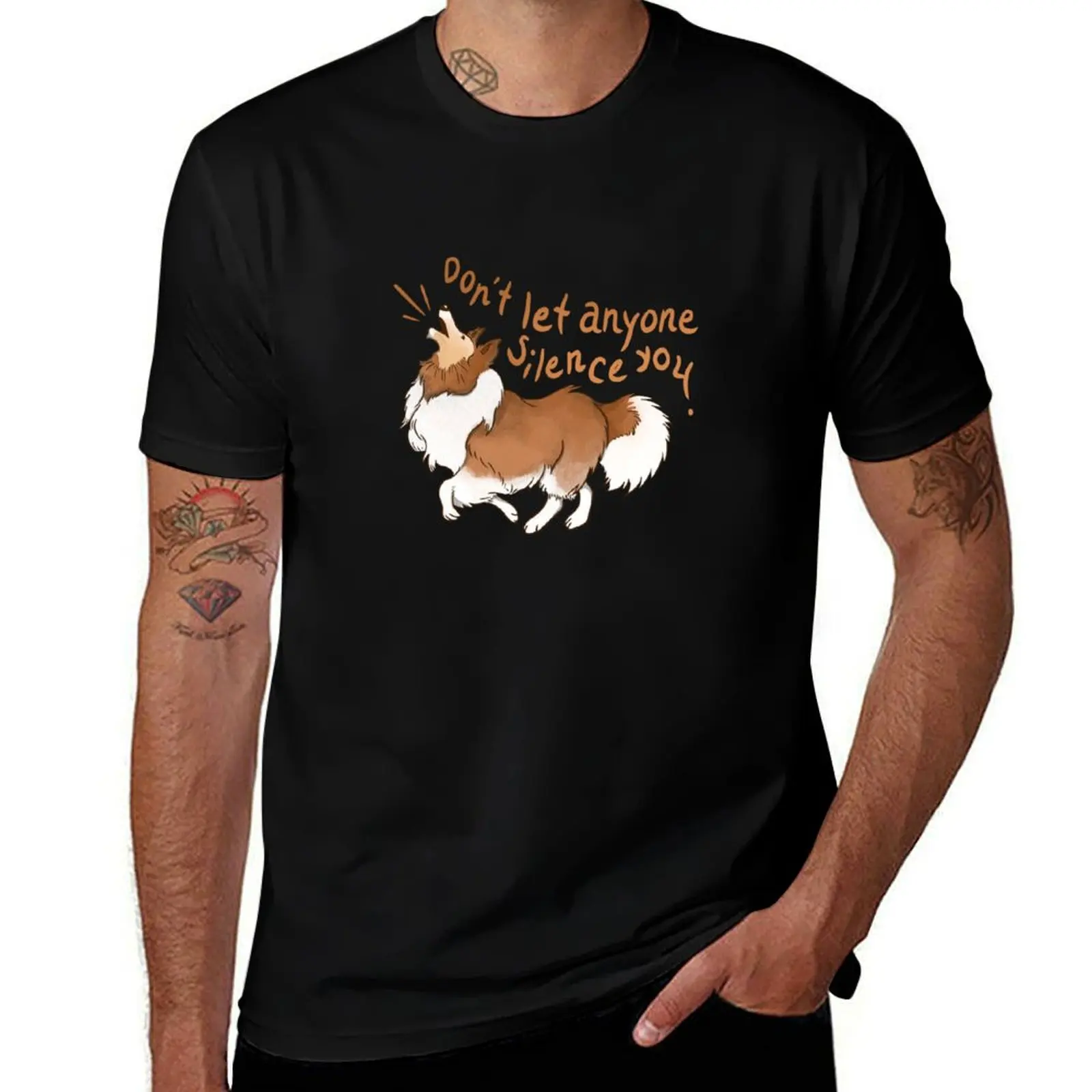 

Barking Sheltie ( shetland sheepdog ) Don&x27;t let anyone silence you Sticker T-Shirt printed t shirts for man T-Shirt
